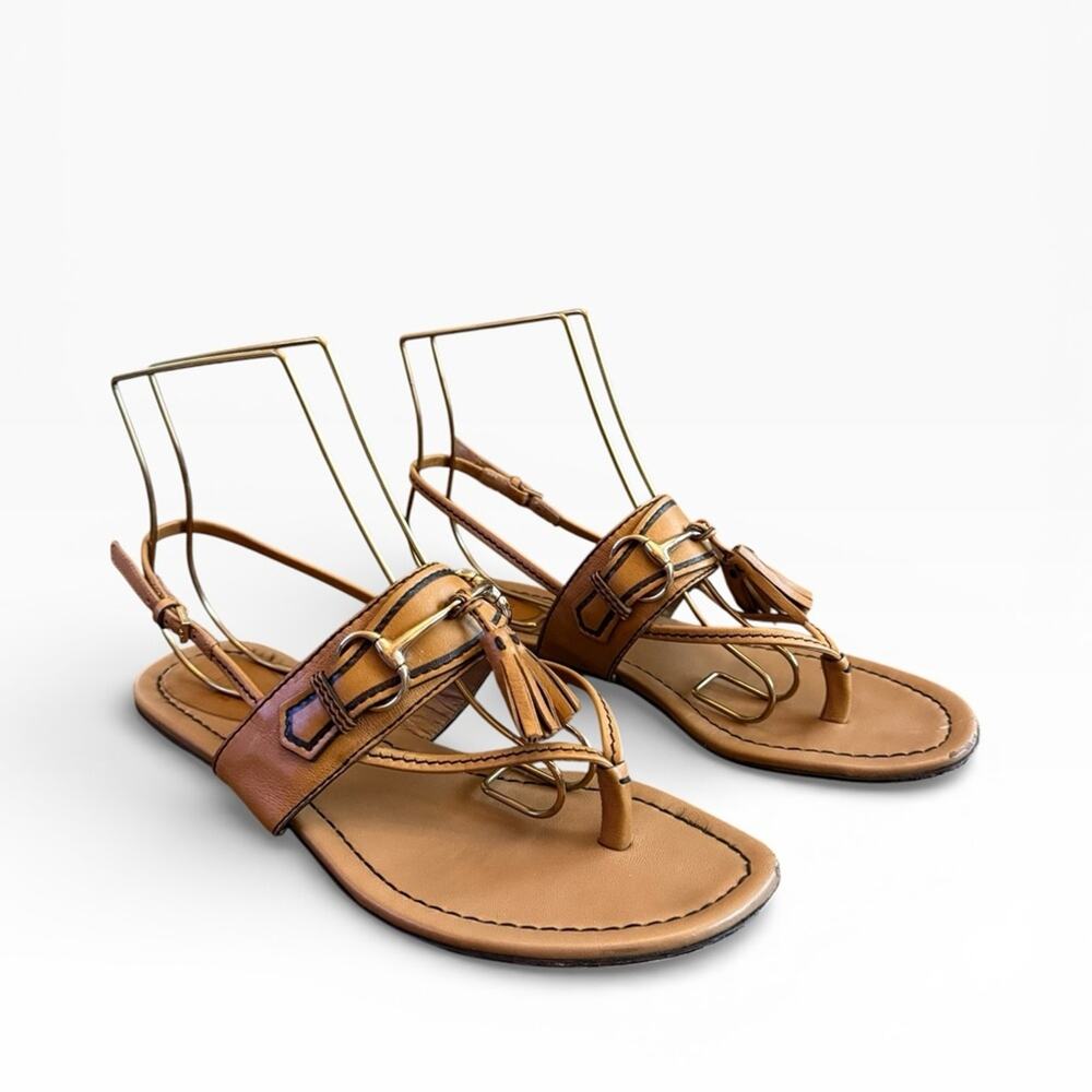 Gucci Brown Leather Tassel Horsebit Thong Flat Sandals EU 37 US 7 - Picture 4 of 16